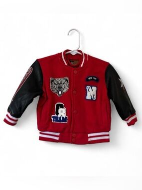 9M Boys Letterman Varsity Jacket Sherpa Patchwork Full Button Up Faux Leather